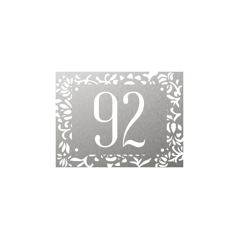 Rectangular steel house number with floral pattern design on border