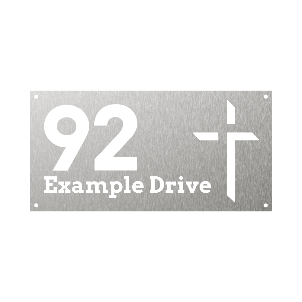 Rectangular Steel house number with a sharp-angled Christian cross