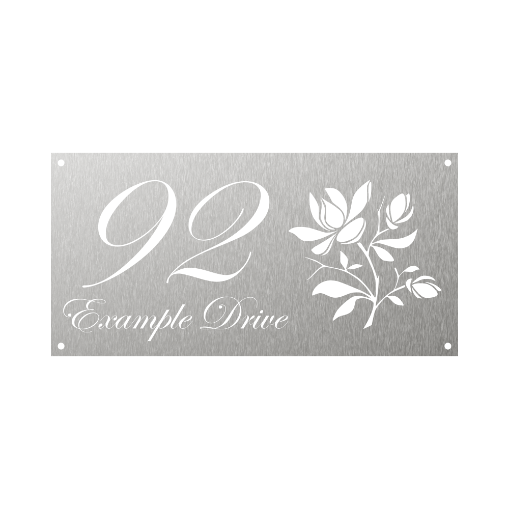 Rectangular metal steel house number with elegant font and flower design