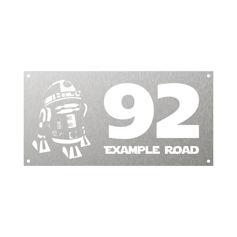 Rectangular metal steel house number with R2D2 Star Wars Droid