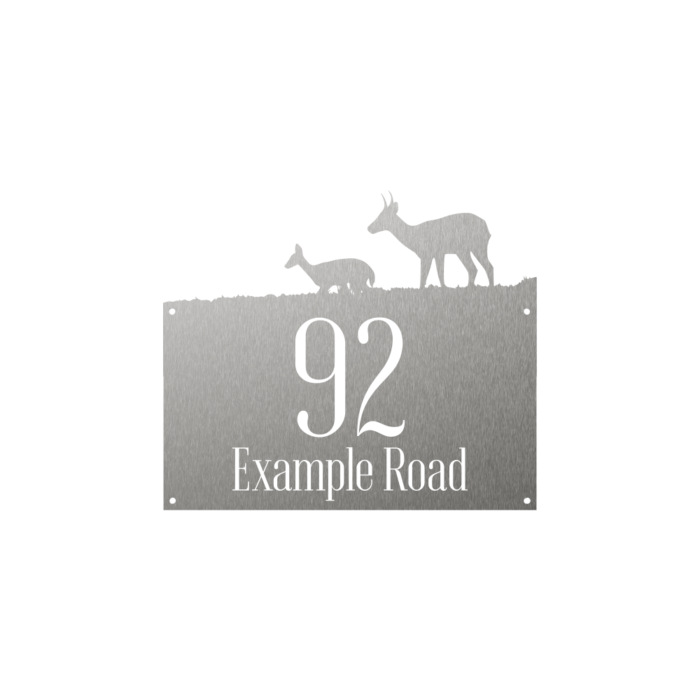 Rectangular house number with reedbuck and lamb walking through grass silhouette on top