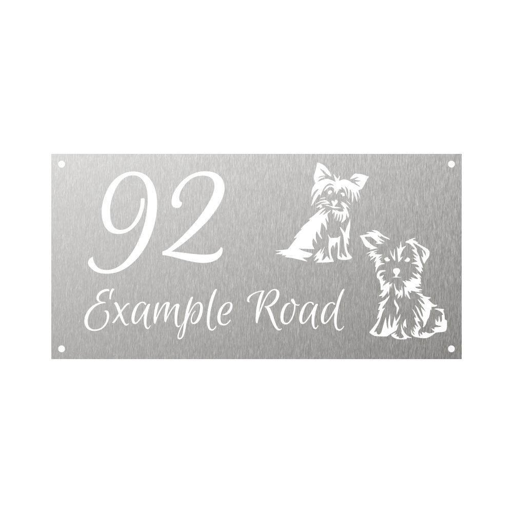 Rectangular metal steel house number with 2 yorkies yorkshire terrier dogs