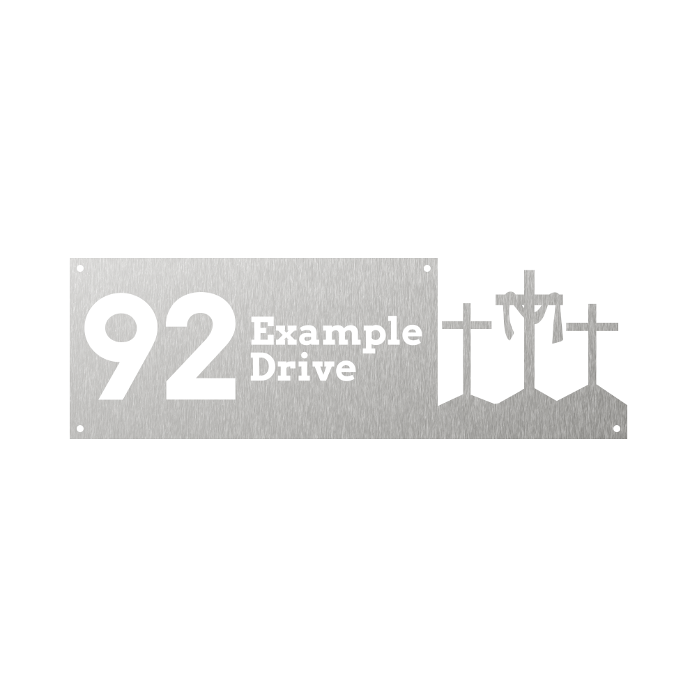 Rectangular Steel house number with three Roman crosses protruding from the right side