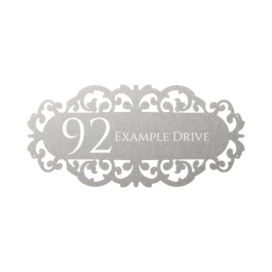 Steel house number with classical floral design 