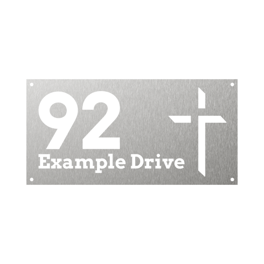 Rectangular Steel house number with a sharp-angled Christian cross
