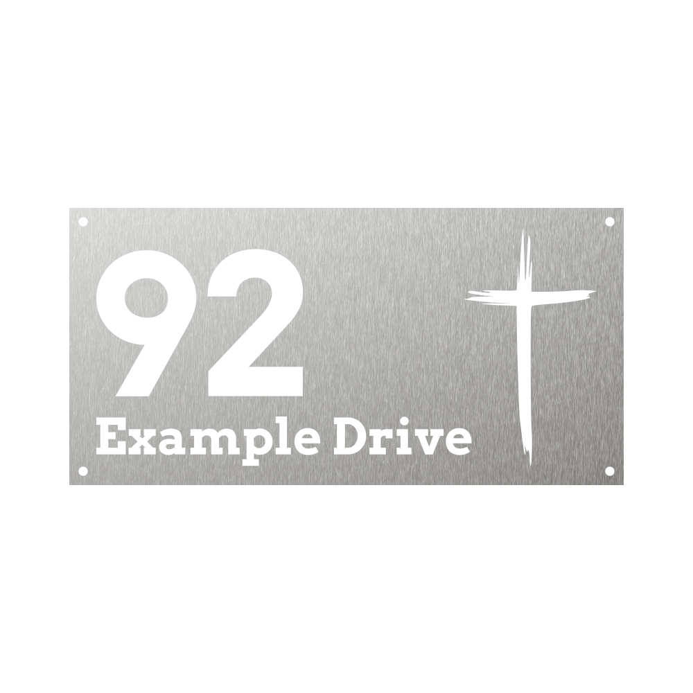 Rectangular Steel house number with a brush-stroke Christian cross design