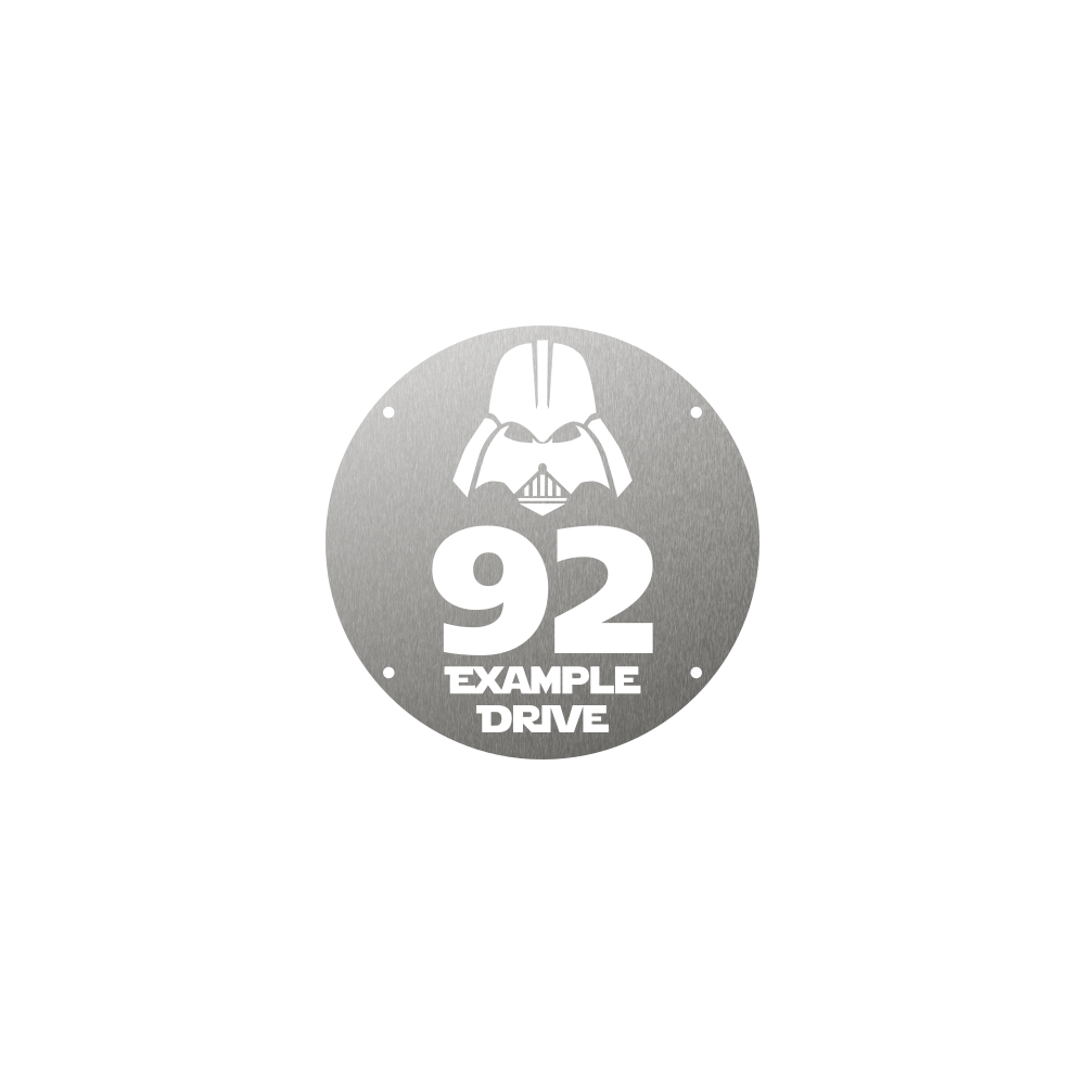 Circular steel house number with a Darth Vader helmet design