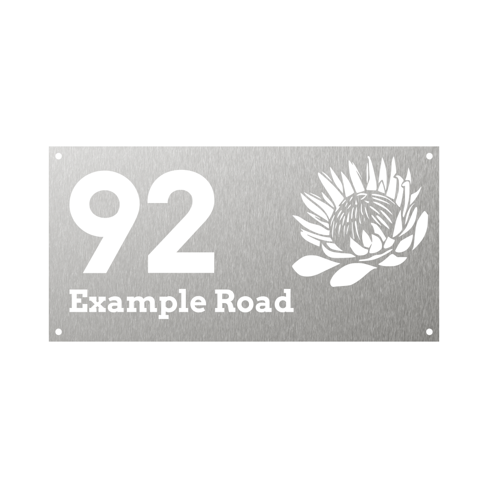 Rectangular metal steel house number with protea flower design