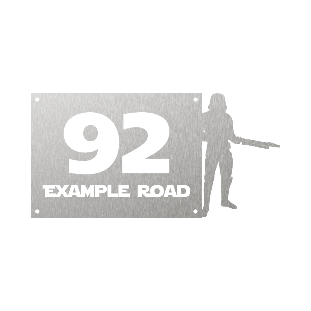 Steel house number with stormtrooper silhouette protruding from the side
