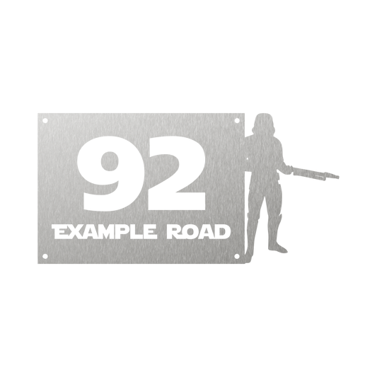 Steel house number with stormtrooper silhouette protruding from the side